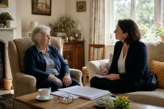 Deux femmes assises dans un salon lumineux, une âgée et une plus jeune en tenue professionnelle, discutant autour d’un dossier sur une table basse, dans une ambiance chaleureuse et calme.