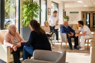 Bright, welcoming care home lounge with elderly residents talking to family and staff, potted plants and soft daylight, staff assisting with care in a calm, clean setting.