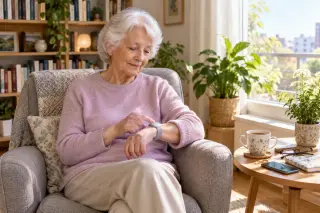 Femme âgée assise seule dans son salon lumineux, touchant un bracelet de téléassistance à son poignet, dans une ambiance paisible et sécurisée.