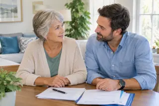 Senior woman and her adult son sitting at a table, preparing documents in a calm, sunlit living room, both looking attentive and reassured.