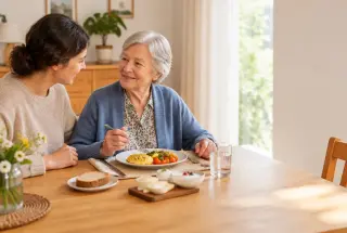 Personne âgée partageant un repas équilibré à table avec l’aide attentive d’un proche dans un intérieur lumineux.